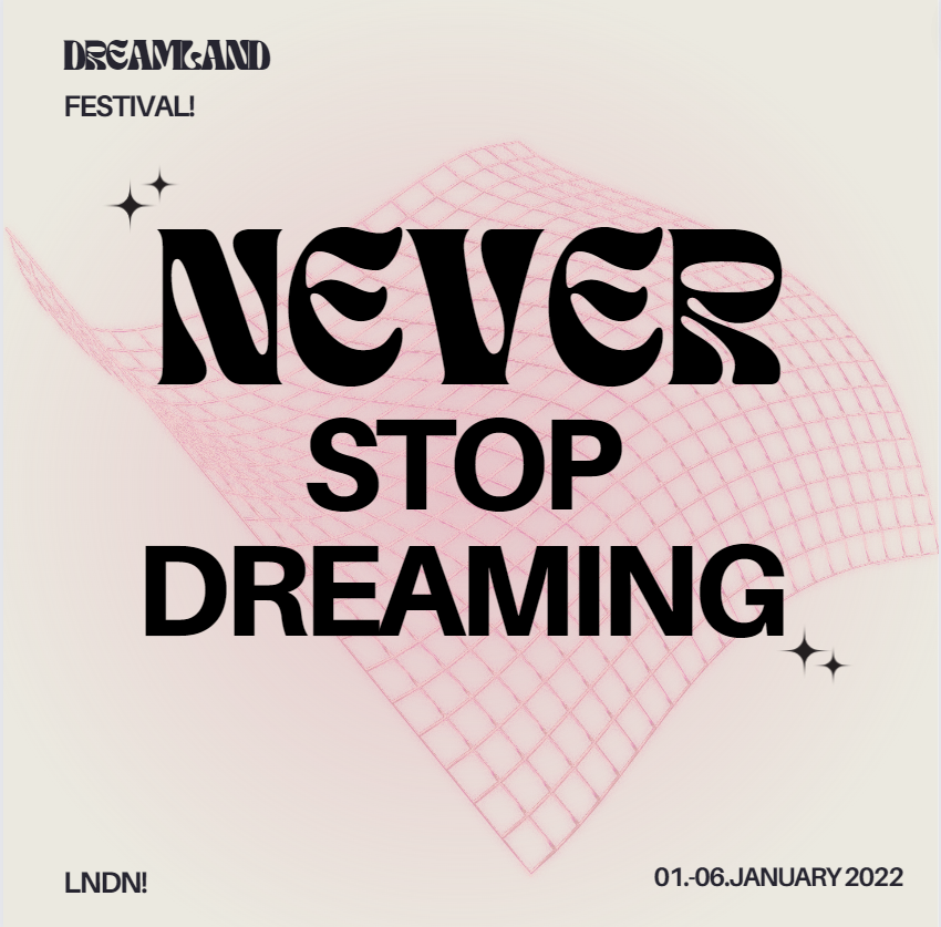 Social Media Beitrag für ein (fiktives) Techno und Synth Festival. Zeigt Motto "Never stop dreaming"